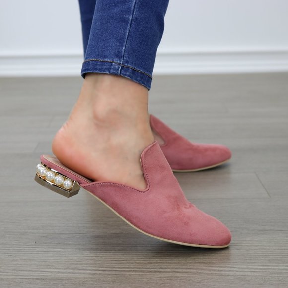 Shoes - Suede Slip On Loafer Mule Pearl Accents on Heel